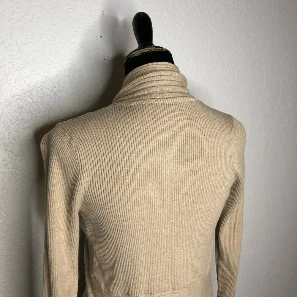 WHBM tan mixed ribbed knit open draped water fall cardigan size Medium